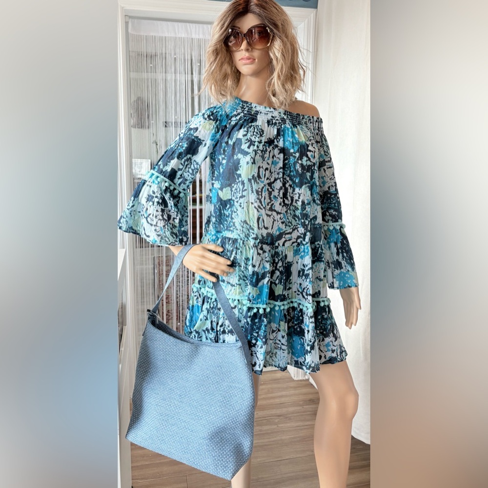 NWOT Debbie Katz South Beach Patterned Off-Shoulder Beach Dress/Cover up Sz S